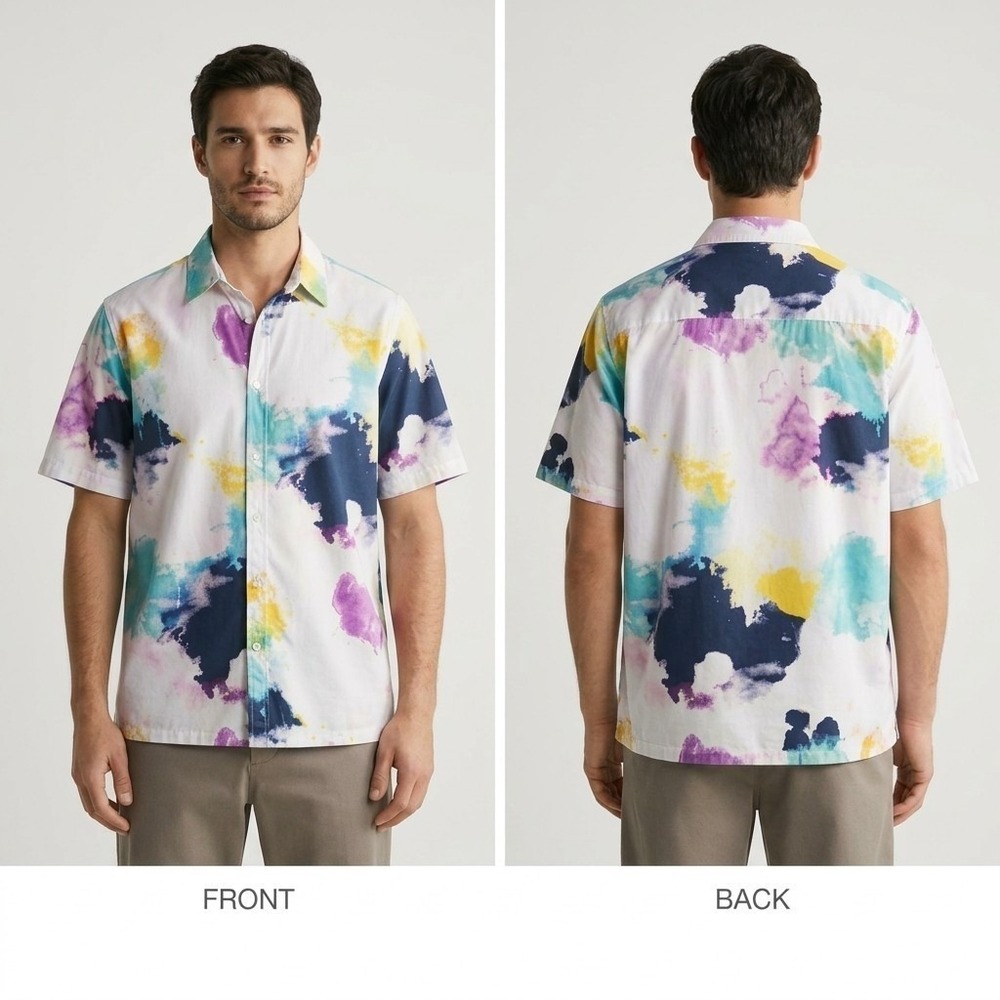 Zara Man Button Down Shirt Medium White Multi-Color Watercolor Splash Relaxed